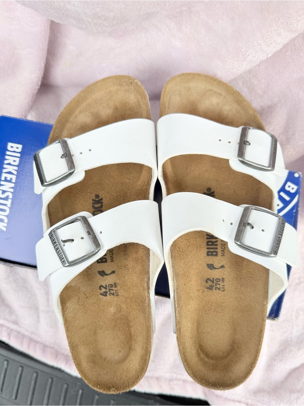 Birkenstock White Arizona Double-Strap Sandals with Silver Buckles